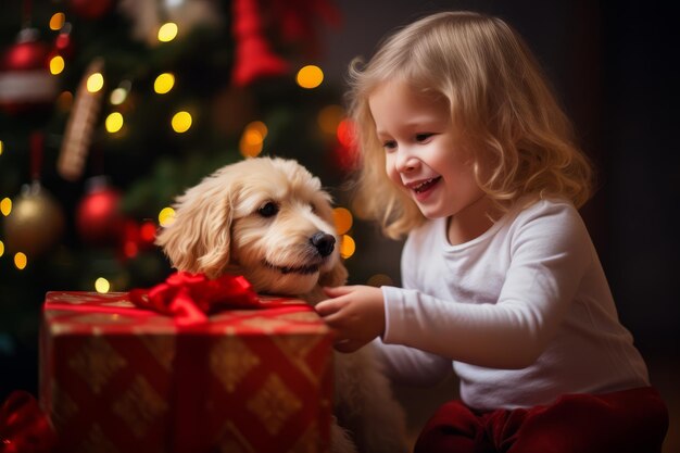 Child decorating christmas tree at home