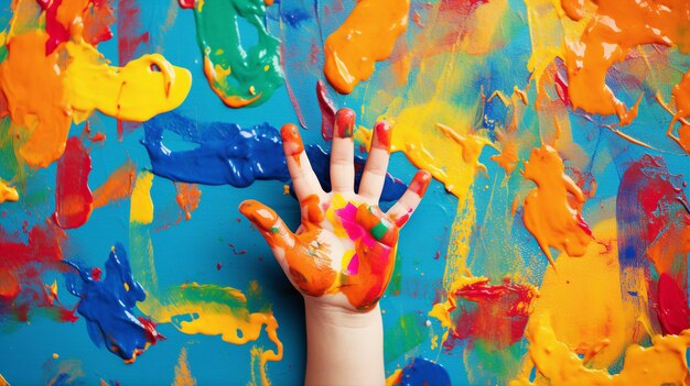 Child dipping fingers in paint creating a vibrant mural of handprints on canvas