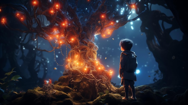 Photo child discovering a fantastical ancient tree fantasy art