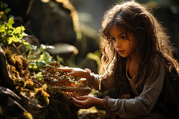 Child discovers treasure in sunny clearing generative IA