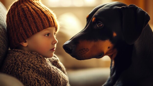 Photo a child and a doberman share a tender moment indoors showcasing companionship and connection