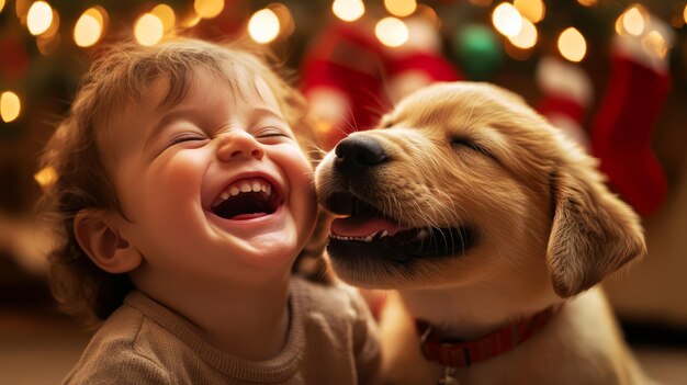 Photo a child and a dog are smiling and laughing with a christmas tree in the background