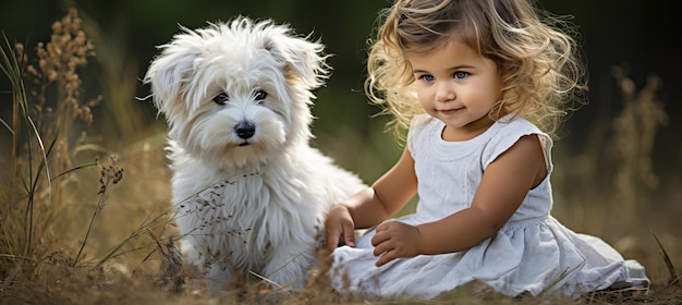 Child and dog embracing friendship in picturesque nature on a summer day Joy and care with a pet