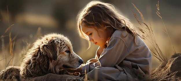 Child and dog embracing friendship in picturesque nature on a summer day Joy and care with a pet