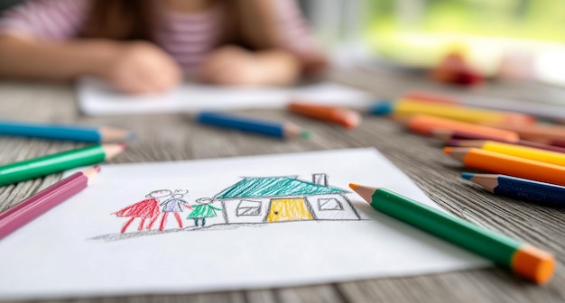 Photo child drawing a colorful house and family with crayons on a wooden table during afternoon