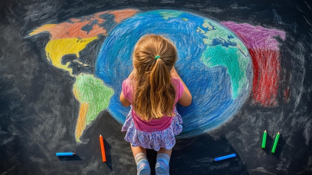 Photo child drawing a colorful world map on chalkboard