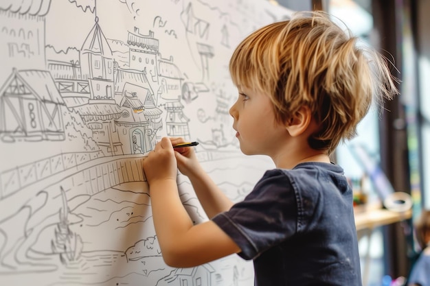 Photo child drawing picture of thai cave rescue on whiteboard