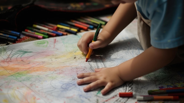 A child draws on a piece of art with a pencil.