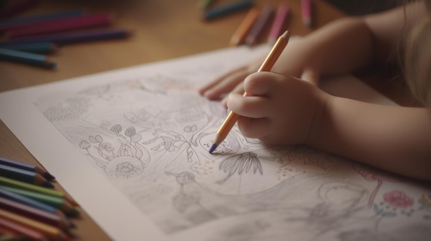 A child draws on a piece of paper with a pencil.