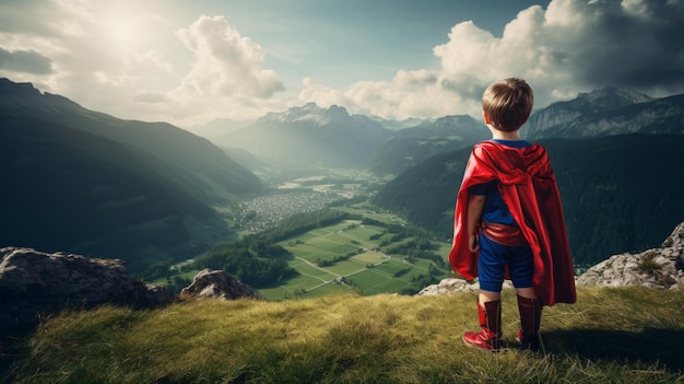 Child dreaming of super hero in the mountain