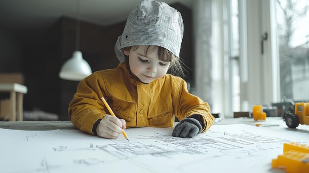 Photo a child dressed as an architect sketching a toy building on a large piece of paper