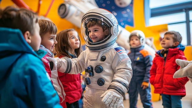 Photo a child dressed as an astronaut guide showing a group of children around a toy space station