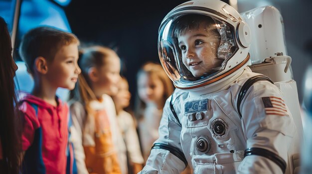 Photo a child dressed as an astronaut guide showing a group of children around a toy space station