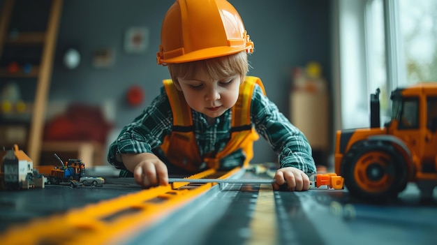 A child dressed as a civil engineer measuring toy roads with a ruler