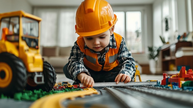 A child dressed as a civil engineer measuring toy roads with a ruler