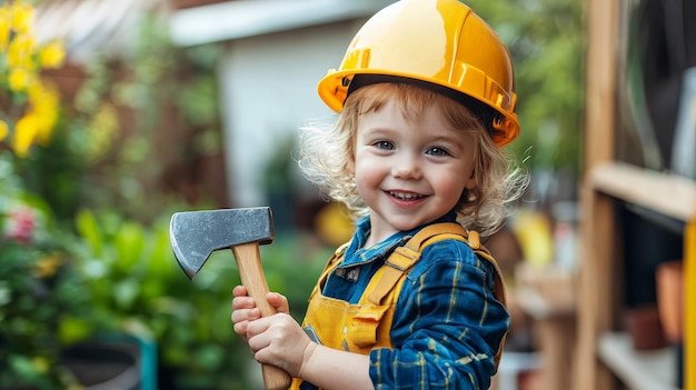 A child dressed as a construction worker wearing a hard hat and holding a toy hammer