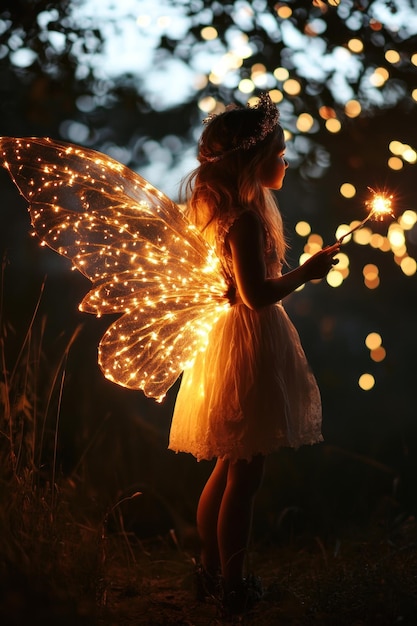 Photo a child dressed as a fairy with glowing wings and a sparkler in a magical nighttime setting