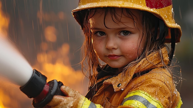 Photo a child dressed as a firefighter holding a toy hose and pretending to extinguish a fire their face determined and focused