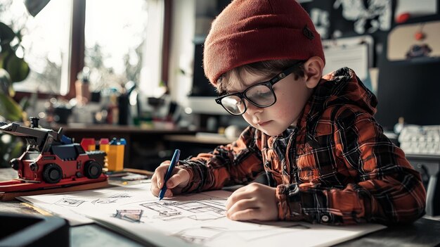 A child dressed as a game designer sketching characters and levels on toy paper