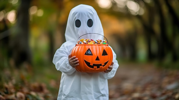 A child dressed as a ghost holds a pumpkinshaped bucket full of candy in a forest setting