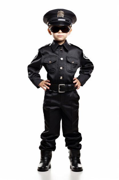 Photo child dressed as police officer standing before white wall