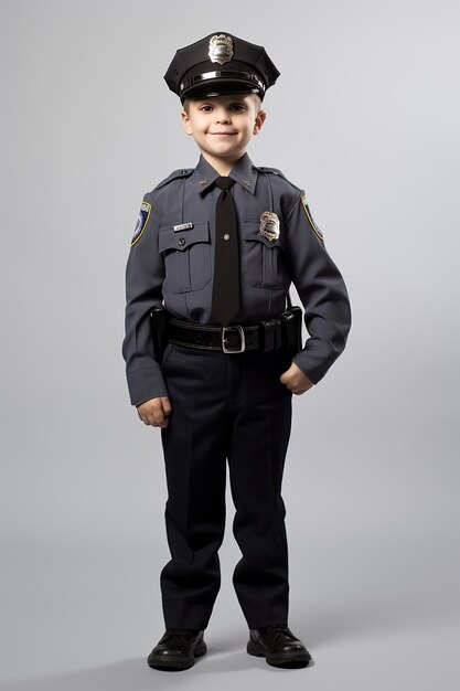 Photo child dressed as police officer standing before white wall