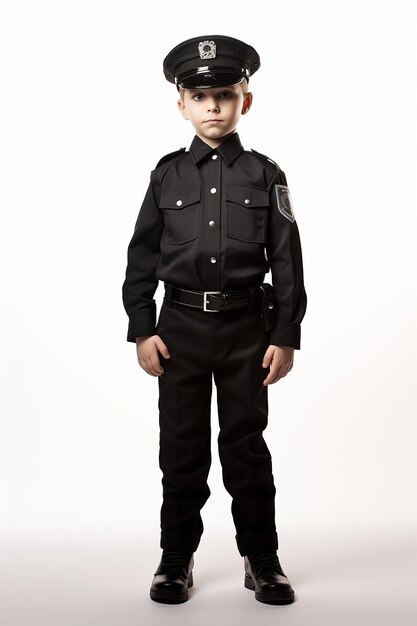 Photo child dressed as police officer standing before white wall