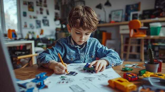 A child dressed as a product designer creating mockups of toy gadgets and apps