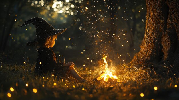 Photo a child dressed as a witch sitting by a campfire in a dark enchanted forest with sparks