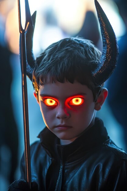 A child dressed in a dark costume with glowing eyes and horns holding a pitchfork