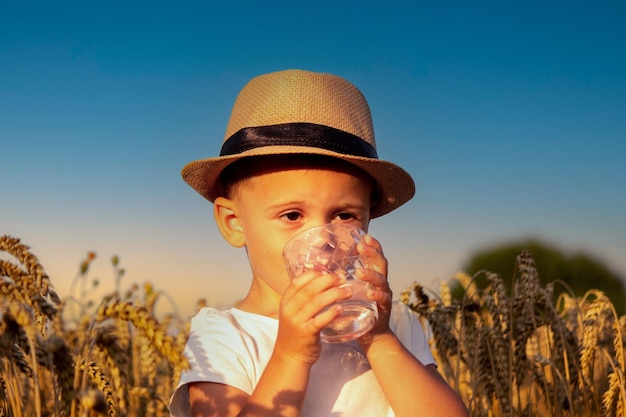 A child drinks water on the background of the field