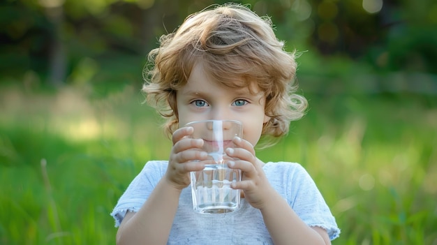 the child drinks water on the background of nature Selective focus