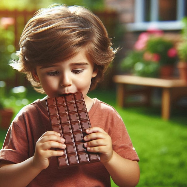 a child eating a chocolate bar with a piece of chocolate bar in the background