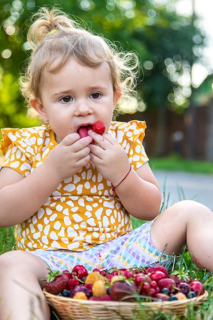 The child eats berries in the garden Selective focus