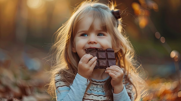 child eats chocolate closeup Selective focus