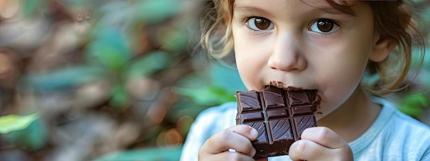 child eats chocolate closeup Selective focus