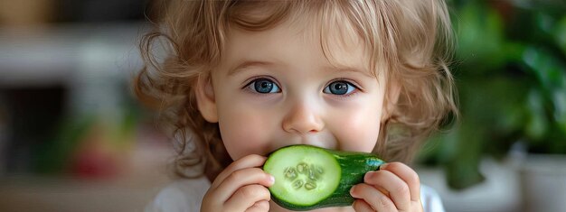 Photo the child eats a cucumber selective focus