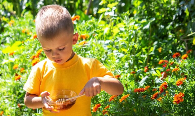 The child eats honey. Nature. Selective focus