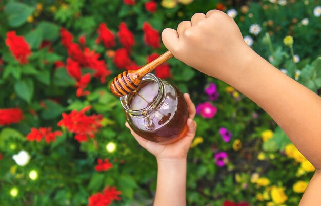 Child eats honey summer photo