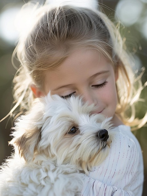 Child Embracing Fluffy Puppy in Sunlit Outdoors