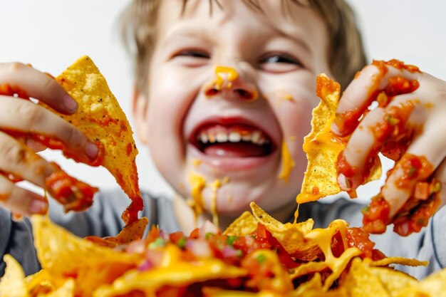 Photo child enjoying a messy snack time with nachos covered in cheese and salsa