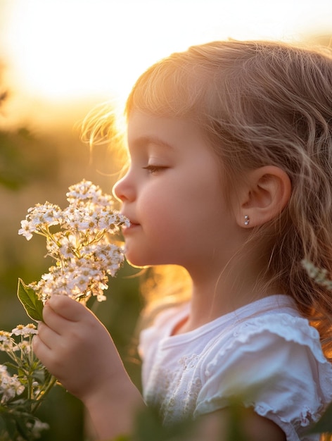 Photo child enjoying nature innocence and joy in a flower field at sunset