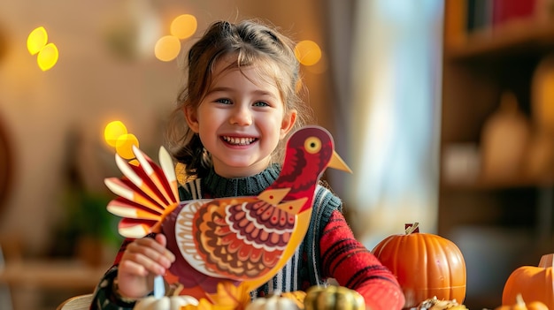 A child enjoying Thanksgiving with a paper turkey that she had made grinning Generative AI