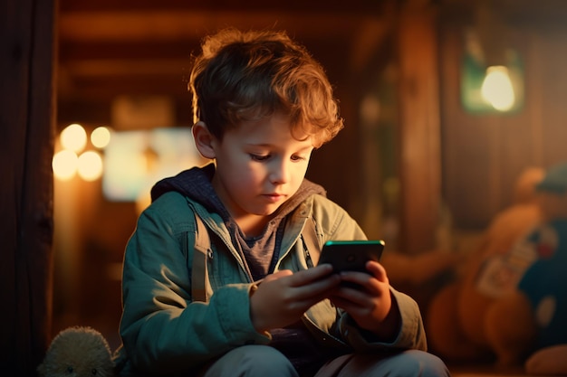 A child enthusiastically plays with a smartphone Addiction to smartphones in children AI Generated