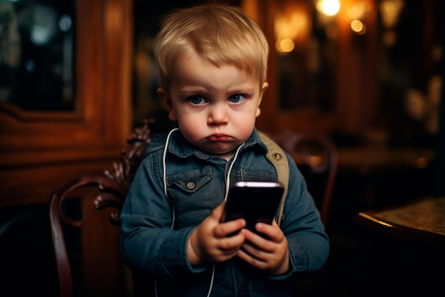 A child enthusiastically plays with a smartphone Addiction to smartphones in children AI Generated