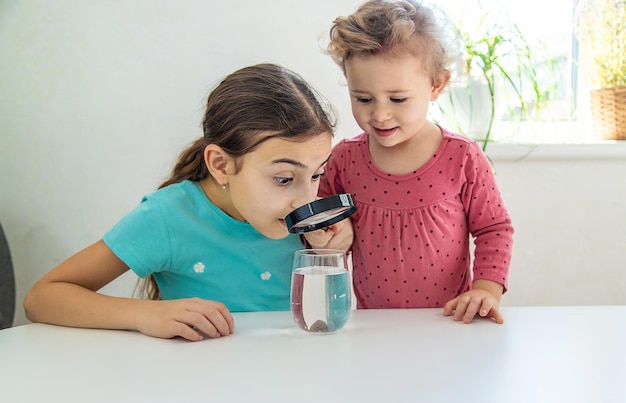 The child examines the water under a magnifying glass Selective focus