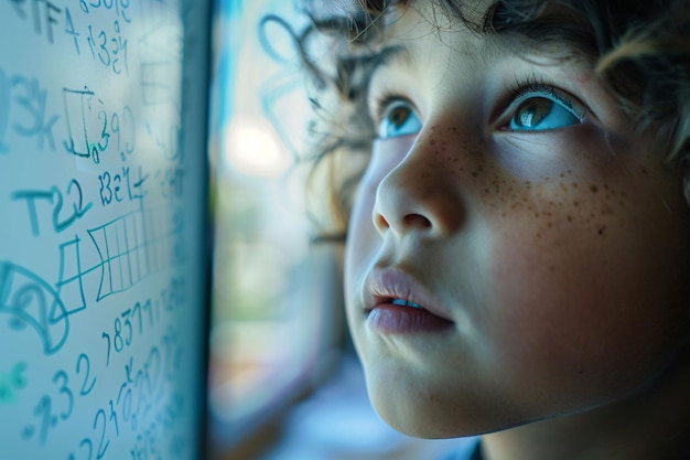 Child examining math on glass