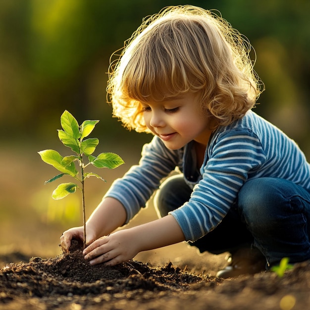 A child excitedly planting a sapling in the garden