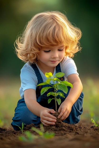 Photo a child excitedly planting a sapling in the garden