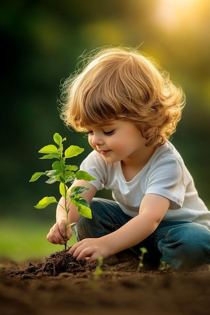 A child excitedly planting a sapling in the garden